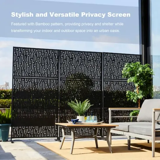 Glitzhome&reg; 6ft. Black Galvanized Steel Bamboo Pattern Privacy Screen Fence Panel & Room Divider {3}