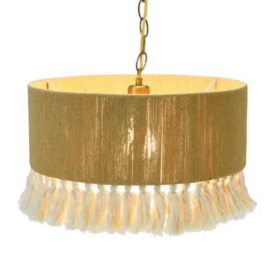 Hello Honey® 16" Brown Coastal Pendant Lamp with Natural Paper Rope Shade, Fringe Detail and Iron Base {14}