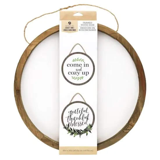 Hampton Art&trade; White Rustic 16" Framed Round Wood Sign {1}