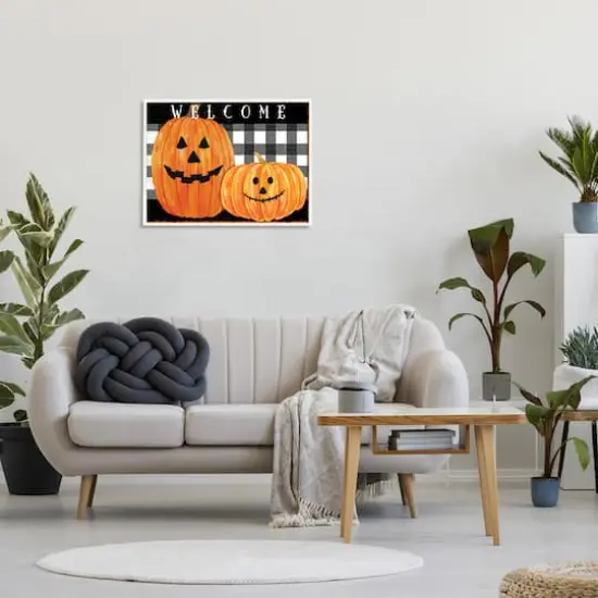 Stupell Industries Halloween Welcome Happy Pumpkins with White Frame Wall Accent {3}