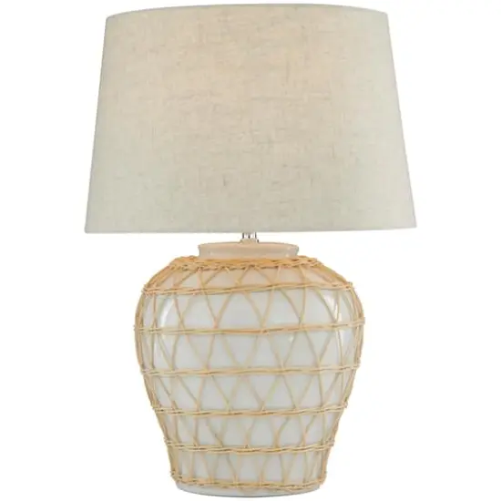White Ceramic Woven Rattan Table Lamp with Linen Shade {5}