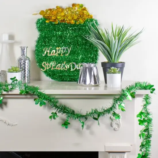 2ft. St. Patrick's Day Irish Shamrock Laser Tinsel Unlit Garland {3}