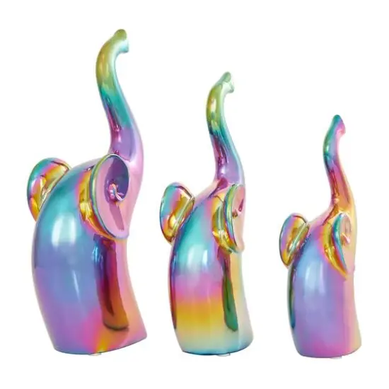 Multicolor Ceramic Elephant Sculpture Set with Rainbow Shimmer Finish {9}