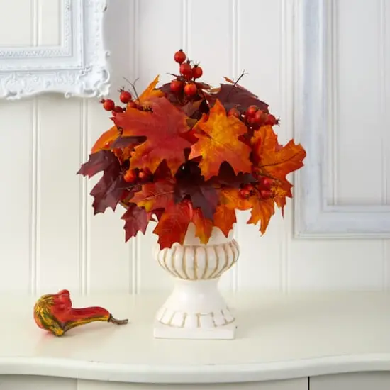 20" Autumn Maple Leaf & Berries Plant in White Urn {4}