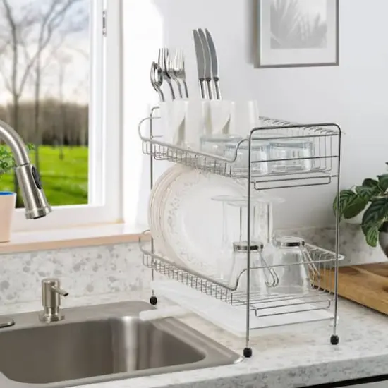 IRIS&reg; 17" Stainless Steel 2-Tier Dish Rack White {3}