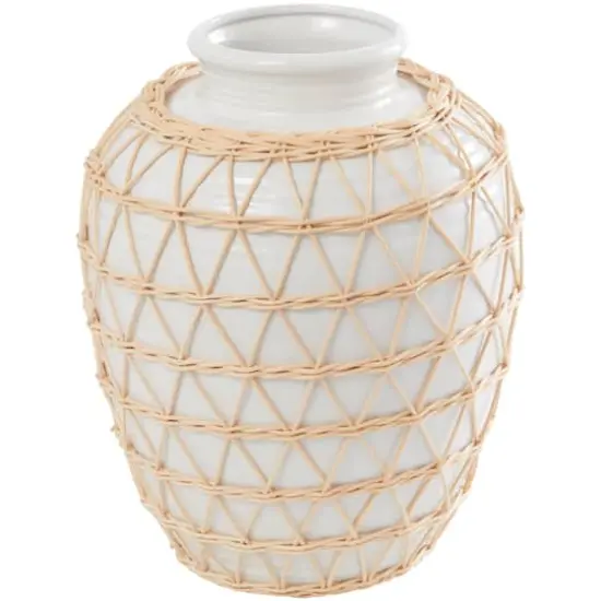 14" White Ceramic Handmade Vase with Woven Rattan Exterior {5}