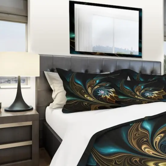 Designart 'Brown Blue Fractal Flower in Black' Modern & Contemporary Bedding Set - Duvet Cover & Shams {5}