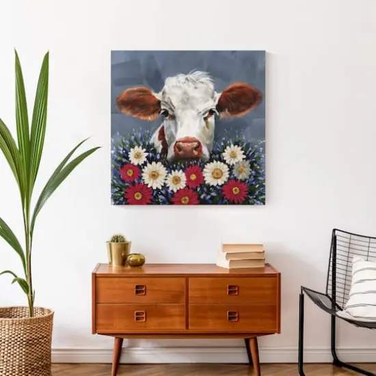 Patriotic Florals Cow I Canvas Wall Art {5}