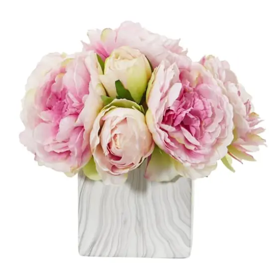Peony Artificial Arrangement in Marble Finished Vase {1}