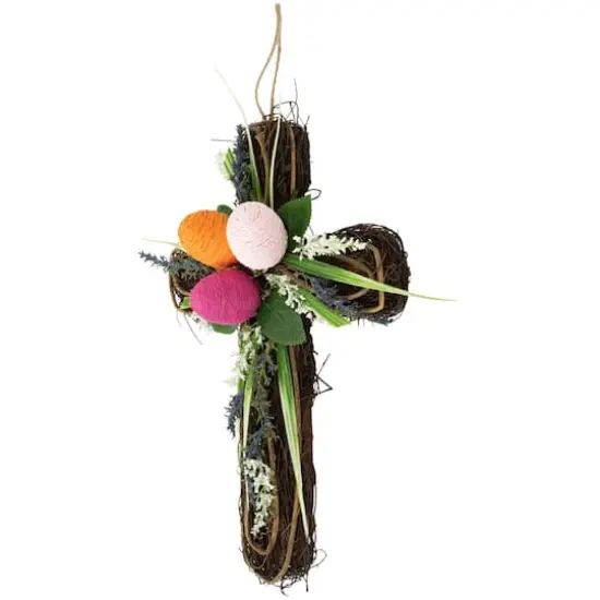 13.25" Twig Cross Wall Decoration with Easter Eggs {6}