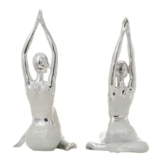 Set of 2 Silver Polystone Glam Yoga Sculpture, 7" x 16" {6}