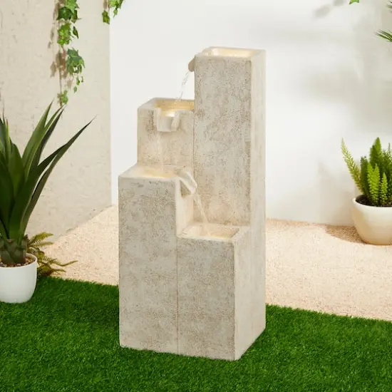 Glitzhome&reg; 34" 4-Tier Faux Terrazzo Geometric Square Column Outdoor Fountain with LED Light {3}