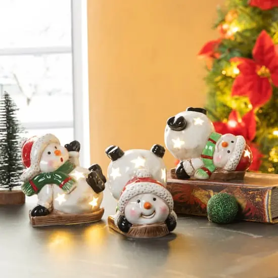 Glitzhome&reg; Lighted Ceramic Snowman Table D&eacute;cor Set {3}