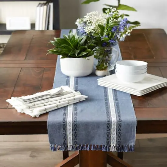 DII® 108" Dobby Striped Fringe Ribbed Table Runner Dobby French Blue {6}