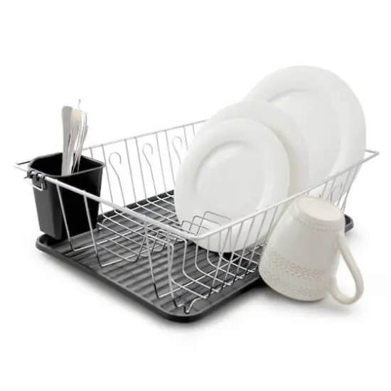 MegaChef 16" Chrome-Plated Black Plastic Countertop Drying Dish Rack {3}