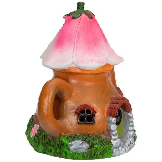 7" Solar Lighted Flower Tea Pot Outdoor Garden Statue {5}