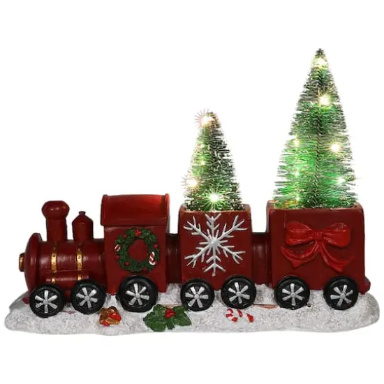 12'' Red and Gold Christmas Train with LED Lighted Frosted Trees Tabletop Decoration {1}