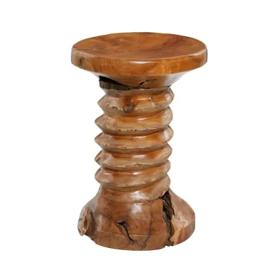 19" Brown Teak Wood Rustic Stool {3}