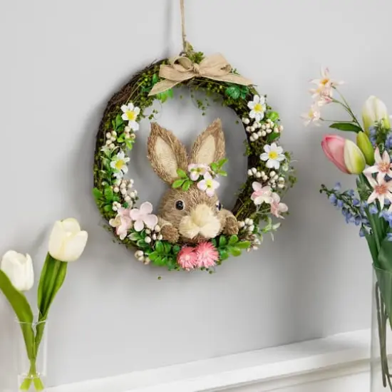 11" Green & Pink Floral Wreath with Peering Rabbit {1}