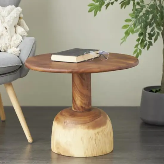 23.75" Brown Wood Handmade Coffee Table with Rounded Block Base {3}