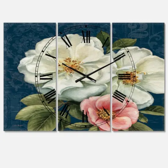 Designart Handpainted Blue Damask Flowers Farmhouse 3 Panel Wall Clock {1}