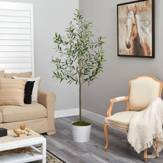 6ft. Olive Artificial Tree in White Tin Planter {5}