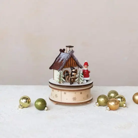 Hello Honey&reg; 6.5" Wind-Up Santa's Cottage Round Wood Music Box {3}
