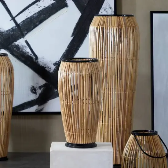 Brown Wicker Handmade Slatted Frame Vase with Black Metal Accents {8}