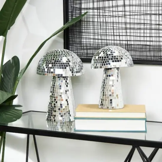 Silver Handmade Glass Mosaic Mushroom Mirror Sculpture Set {3}