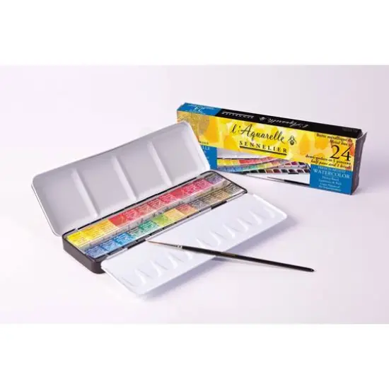 Sennelier French Artists' 24 Color Half Pan Watercolor Metal Tin Set {1}