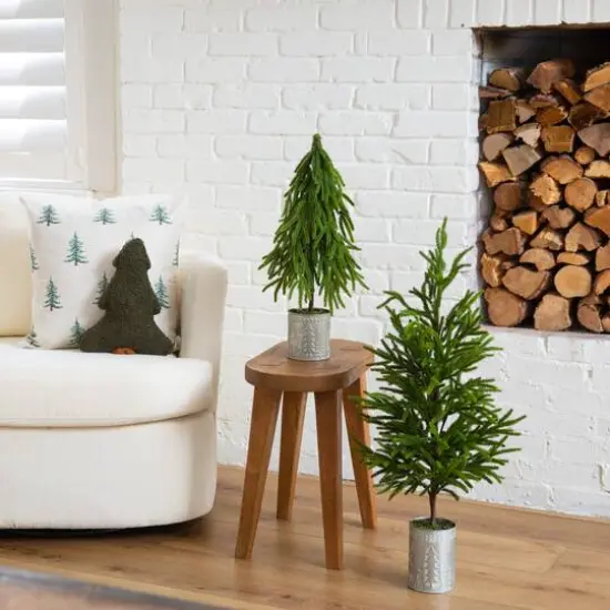 32in. Artificial Real Touch Norfolk Island Pine in Christmas Tin Metal Planter with Natural Look {9}