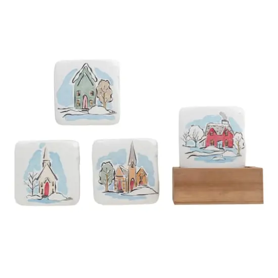 Hello Honey&reg; 4" House Design Coaster Set in Wood Box {1}