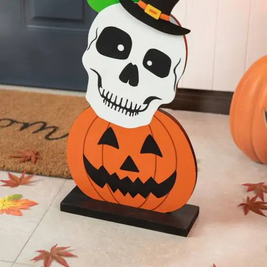 Glitzhome&reg; 36" Halloween Wood Stacked Ghost, Frankenstein, Skull & Pumpkin Porch D&eacute;cor {6}