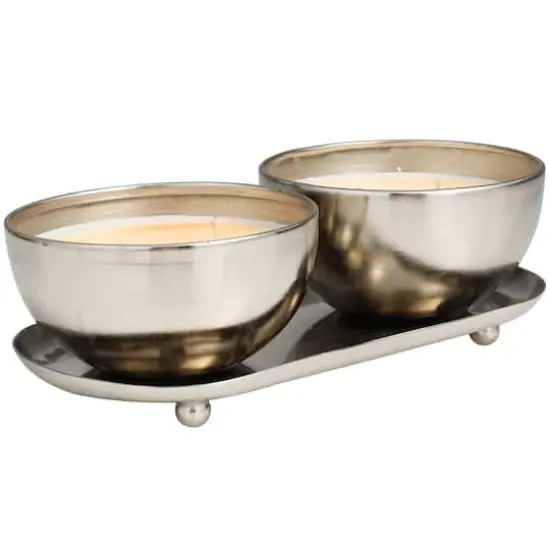 Jasmine Scented 2-Wick Candles in Silver Bowls Set  {3}