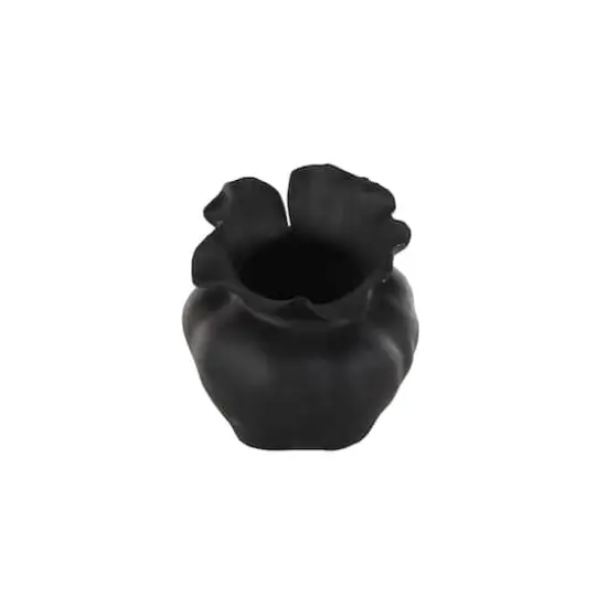12.75" Black Ceramic Abstract Wide Rounded Floral Shaped Decorative Vase with Petal Rim {4}