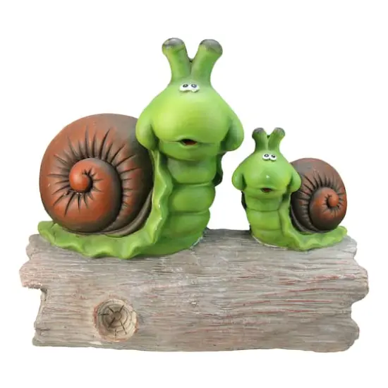 14.5" Green & Brown Mom with Baby Snail on a Tree Stump Garden Statue {1}