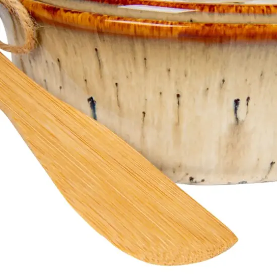Hello Honey&reg; 9.1" Reactive Glaze Design Stoneware Brie Baker with Bamboo Canap&eacute; Spreader Knife {6}