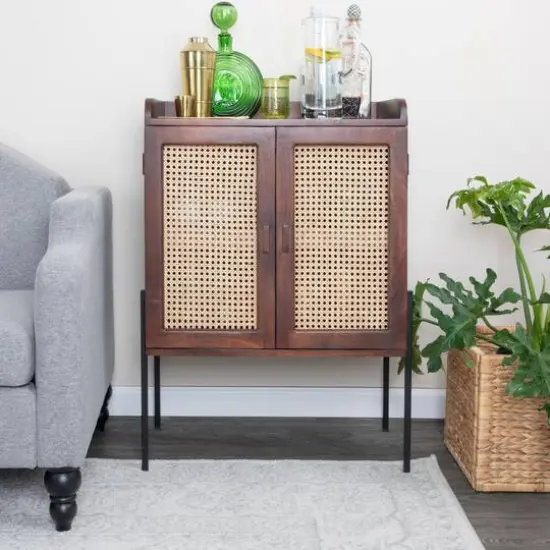 Hello Honey&reg; 36" Boho Solid Wood Bar Cabinet with Metal Legs and Woven Cane Doors Walnut {4}