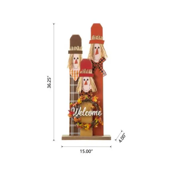 Glitzhome&reg; 36.25" Wooden Scarecrow Family Porch D&eacute;cor with Lighted Wreath & Timer {17}