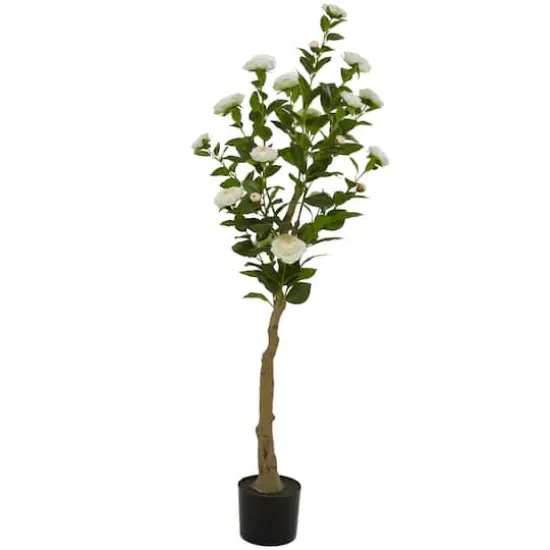 4.5ft. Green Faux Camellia Foliage Artificial Tree with Black Plastic Pot {6}