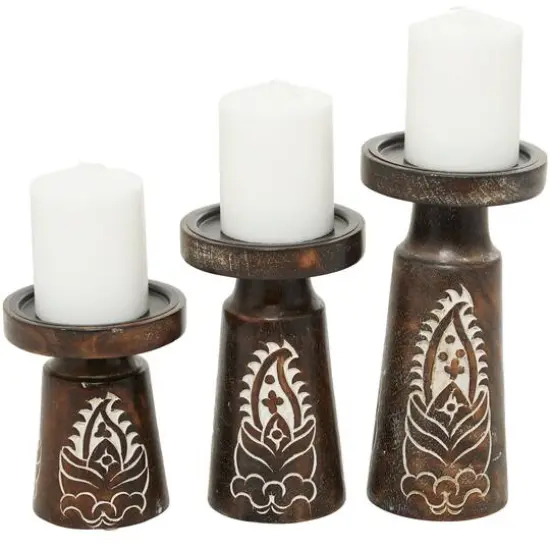 Mango Wood Round Carved Pillar Floral Candle Holder Set Dark Brown {1}