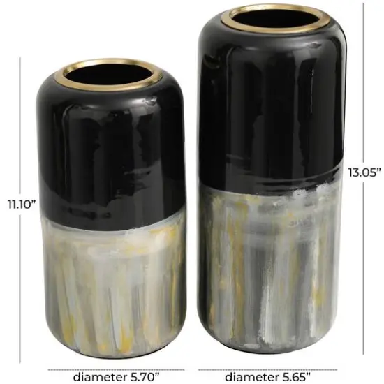 Metal Colorblock Abstract Vase with Paint Streak Designs and Gold Accents Set Silver {7}