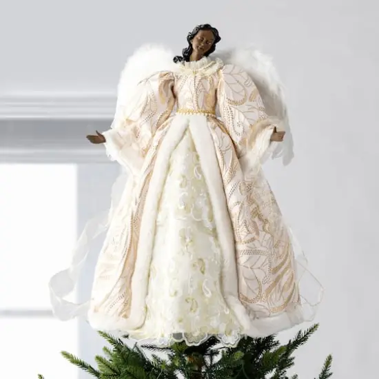 Glitzhome&reg; 24"H Faux Fur & PVC Christmas Elegant African American Angel Tree Topper {3}