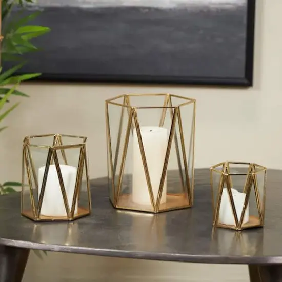CosmoLiving by Cosmopolitan Gold Geometric Hexagon Candle Lantern Set {3}