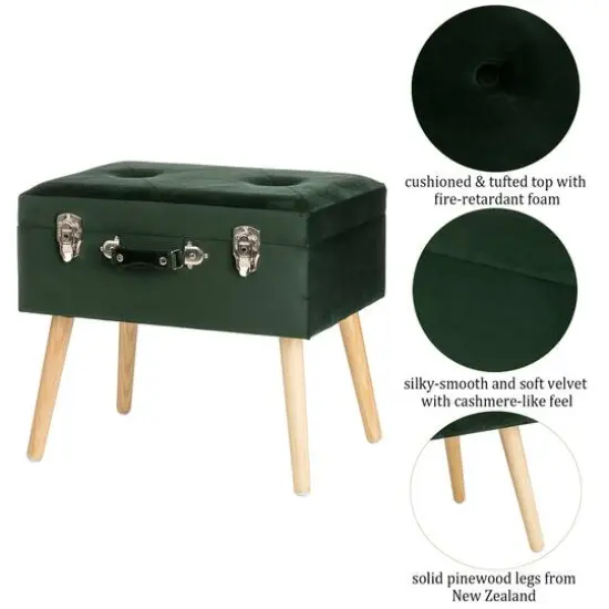Glitzhome&reg; Velvet Upholstered Storage Stool Hunter Green {6}