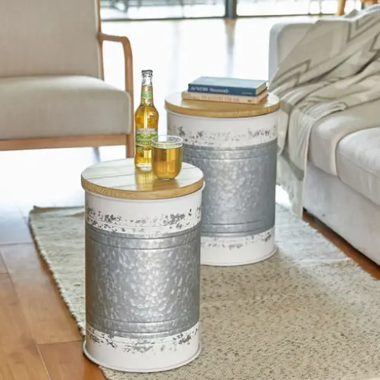 Glitzhome® Metal Storage Accent Table with Solid Wood Lid Set Galvanized {4}
