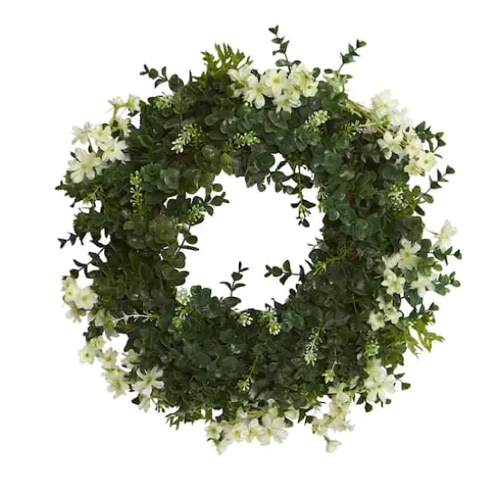 18" Eucalyptus & Dancing Daisy Double Ring Artificial Wreath With Twig Base {1}