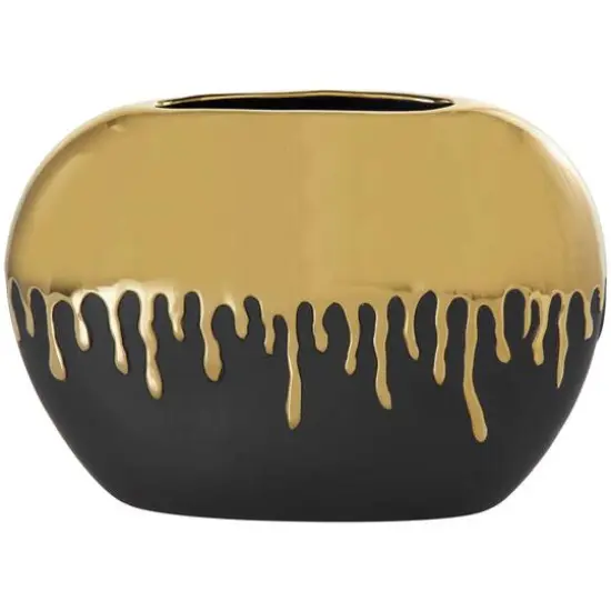 CosmoLiving by Cosmopolitan 11" Black Ceramic Vase with Abstract Gold Melting Drips {7}