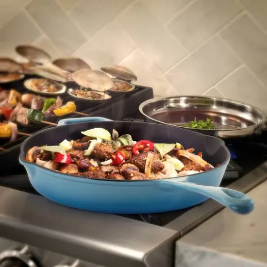 MegaChef 12" Round Blue Enamel Cast Iron Skillet {8}