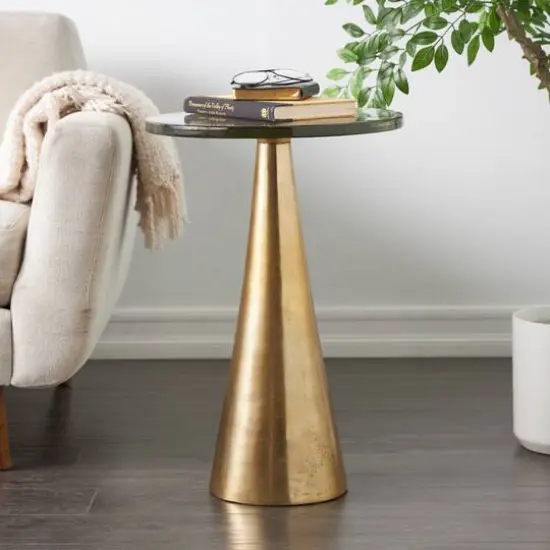 Gold Aluminum Geometric Cone Accent Table with Textured Glass Tabletop {11}